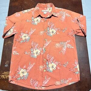 Paradise Blue Mens Silk Cotton Floral Sea Turtle Hawaiian Shirt Orange Medium